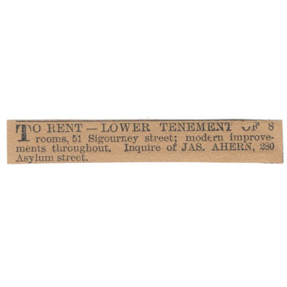 Asylum St Tenement for Rent Jas. Ahern Hartford 1886 Newspaper Ad AF7-SS6