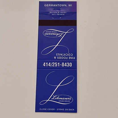 Lehmann's Steak House Germantown WI Vintage Matchbook Cover TB6-MB2-2