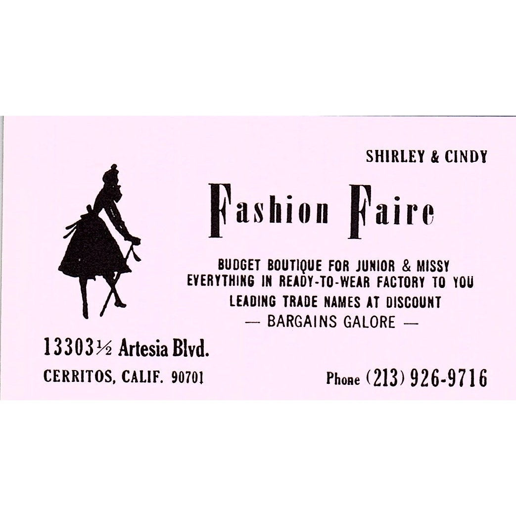 Fashion Faire Shirley & Cindy Cerritos CA Vintage Business Card SE5-B4