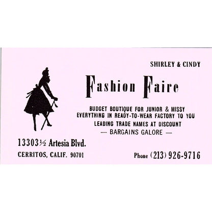Fashion Faire Shirley & Cindy Cerritos CA Vintage Business Card SE5-B4