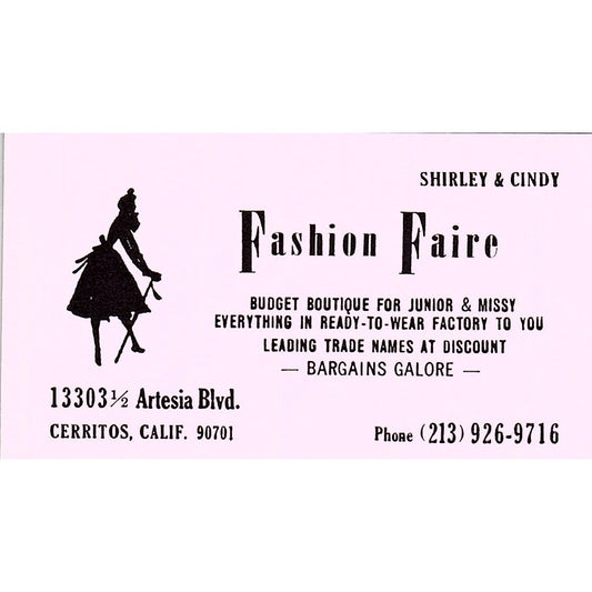 Fashion Faire Shirley & Cindy Cerritos CA Vintage Business Card SE5-B4