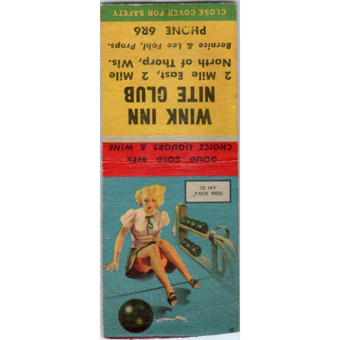 Wink Inn Nite Club Thorp WI Bowling Pinup Vintage Matchbook Cover SF4-Y8