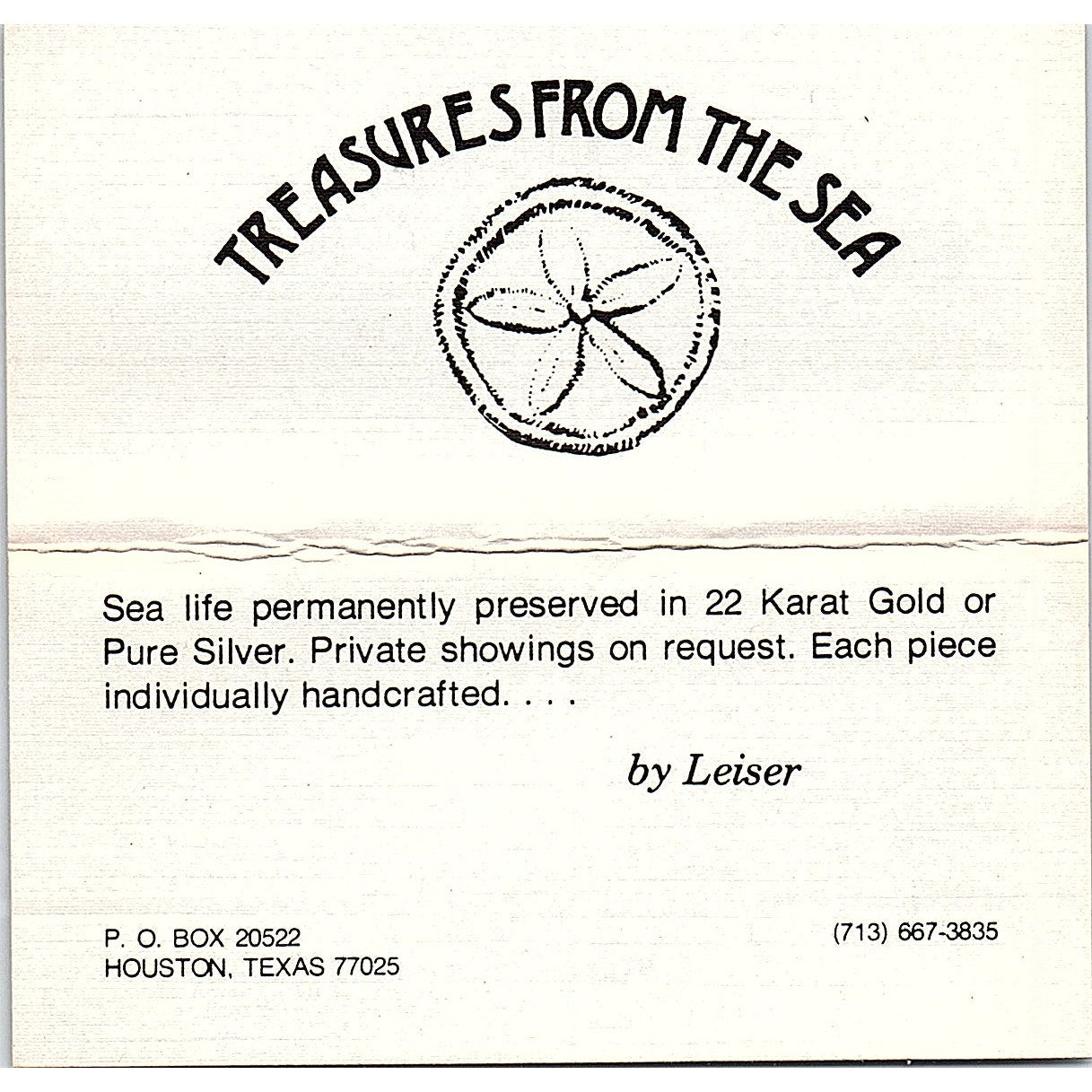 Treasures From the Sea By Leiser Houston TX Vintage Business Card TH2-B1