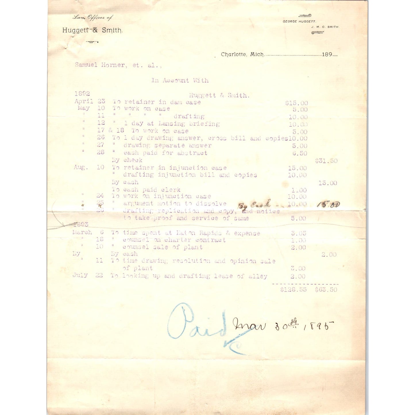 1890s Huggett & Smith Charlotte MI Billhead Letterhead D17