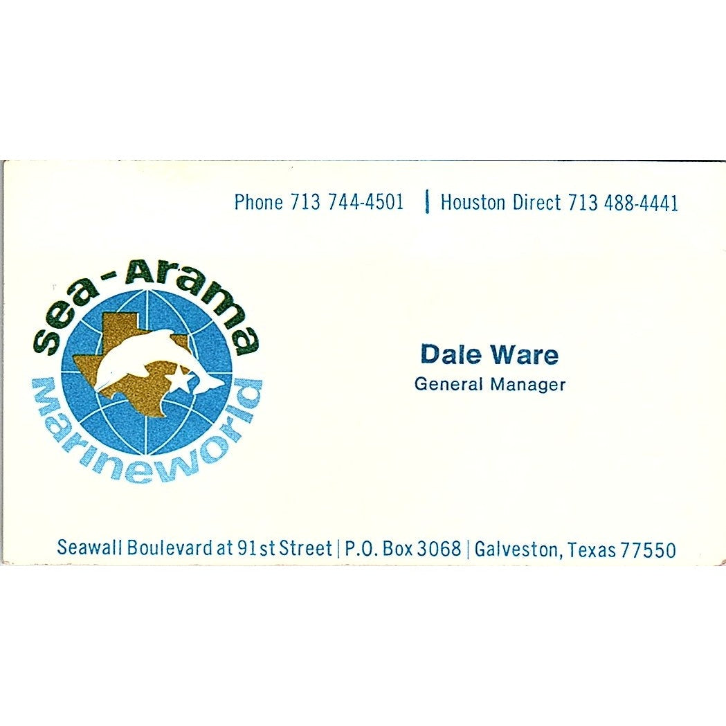 Sea Arama Marineworld Dale Ware Galveston Texas Vintage Business Card SF3-B2