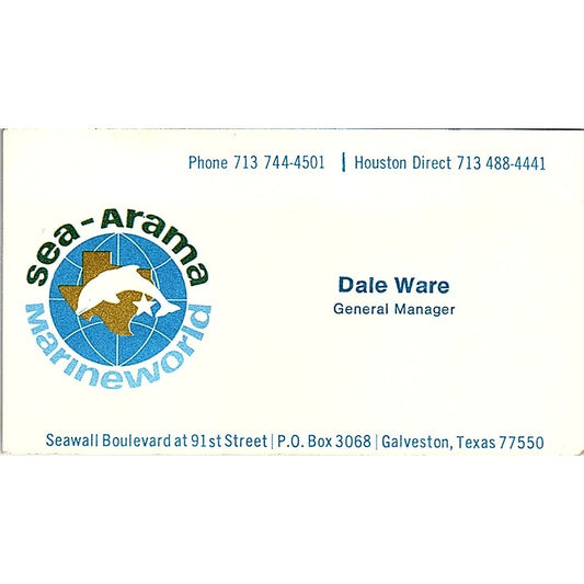 Sea Arama Marineworld Dale Ware Galveston Texas Vintage Business Card SF3-B2