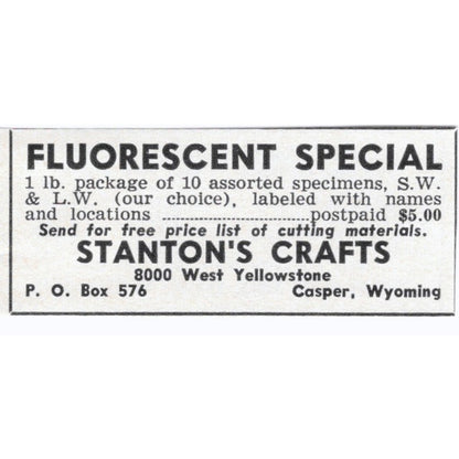 Stanton's Crafts Fluorescent Minerals Casper Wyoming 1964 Magazine Ad AB6-S8