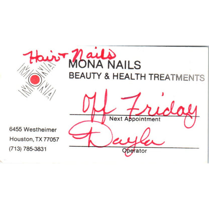Mona Nails Dayla Houston TX Vintage Business Card SD8-B10