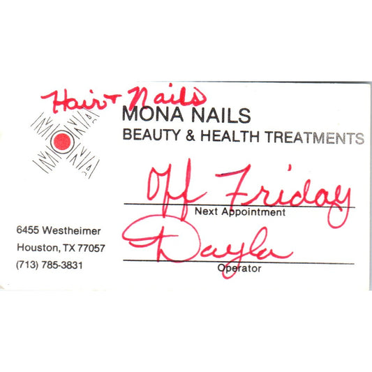 Mona Nails Dayla Houston TX Vintage Business Card SD8-B10