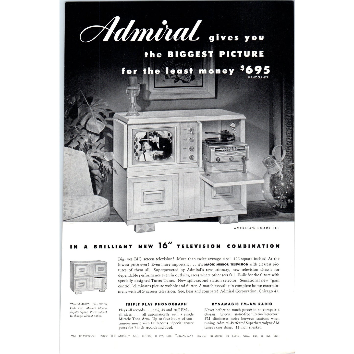 Admiral Magic Mirror Smart Set Television TV Teleset - Vintage Magazine Ad D21