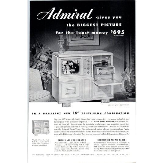 Admiral Magic Mirror Smart Set Television TV Teleset - Vintage Magazine Ad D21
