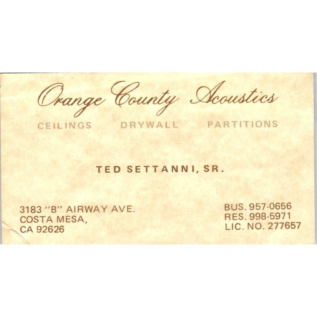 Ted Settanni Sr Orange County Acoustics Costa Mesa Vintage Business Card SD8-B4
