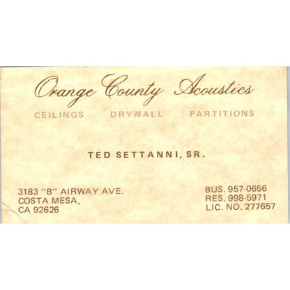 Ted Settanni Sr Orange County Acoustics Costa Mesa Vintage Business Card SD8-B4