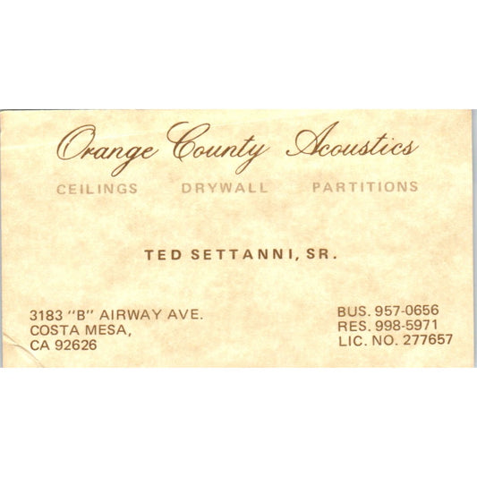 Ted Settanni Sr Orange County Acoustics Costa Mesa Vintage Business Card SD8-B4