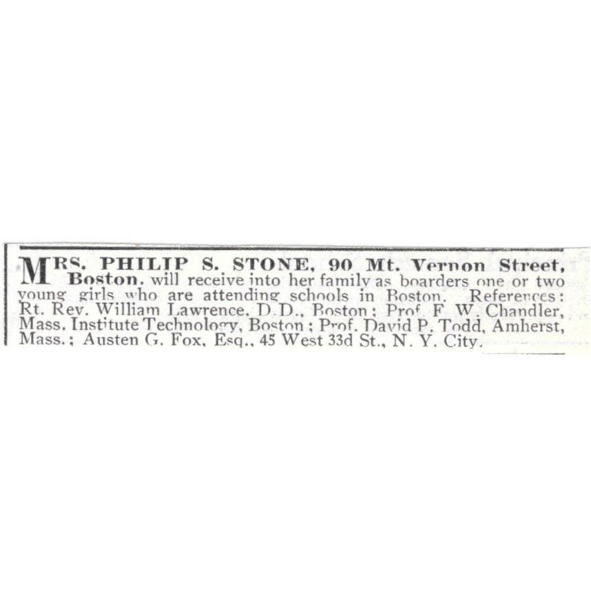 Mrs. Philip S. Stone Boarding House Boston c1918 Original Advertisement AE5-SV2