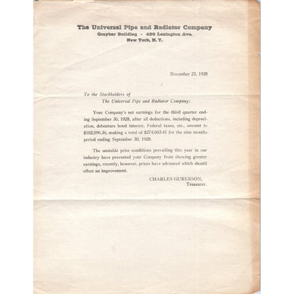 1928 The Universal Pipe and Radiator Company New York Billhead Letterhead D17