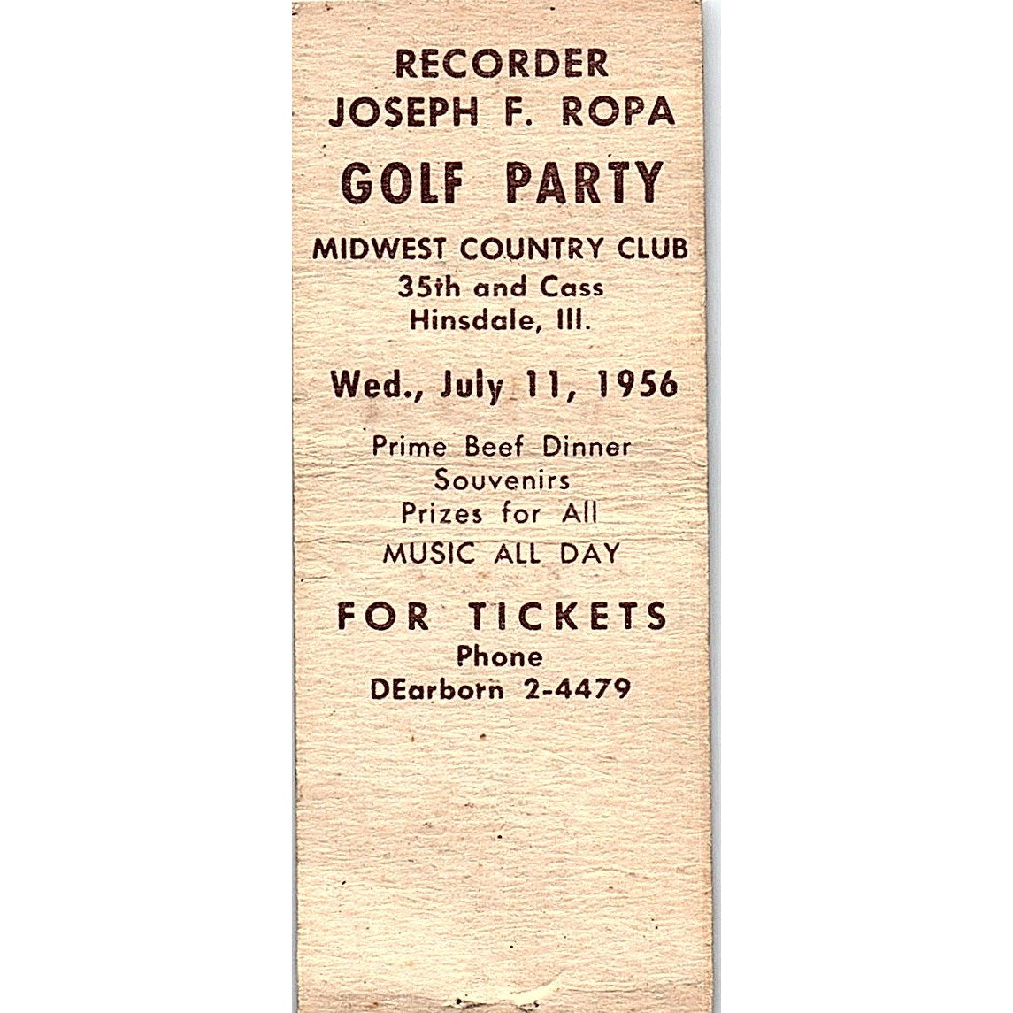 Joseph F. Ropa Democrat Recorder of Deeds Hinsdale IL Vtg Matchbook Cover SC7-Y7