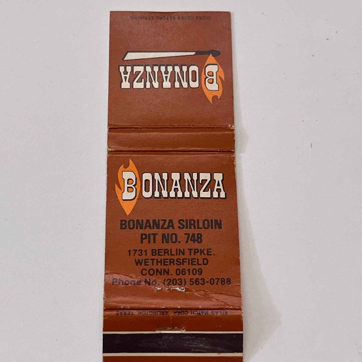 Bonanza Sirloin Pit No 748 Wethersfield CT Vintage Matchbook Cover TB6-MB1-8