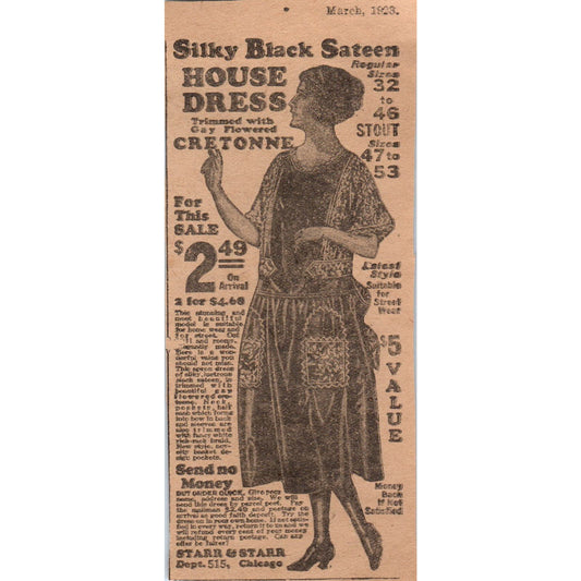 Starr & Starr Chicago Sateen House Dress Mail Order 1923 Magazine Ad Clip AE1-4