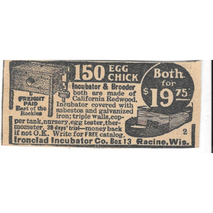 Ironclad Incubator Chick Incubator & Brooder Racine WI 1920 Ad AG2-S8
