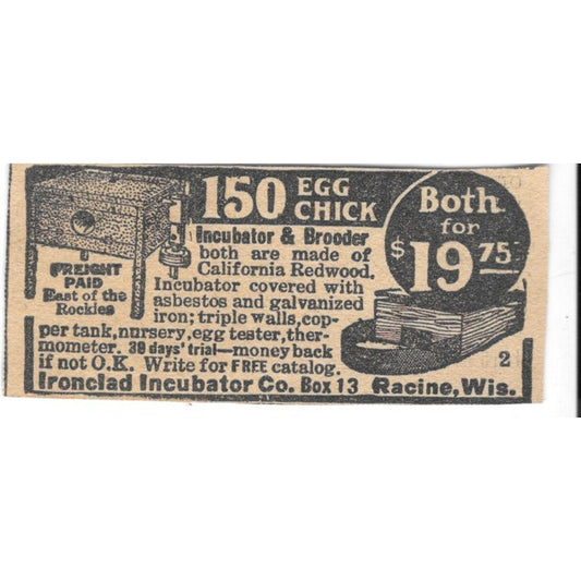 Ironclad Incubator Chick Incubator & Brooder Racine WI 1920 Ad AG2-S8