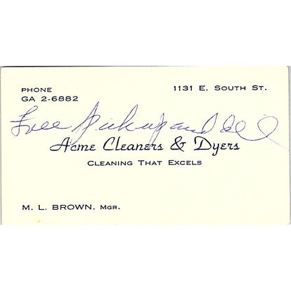 Acme Cleaners & Dyers M.L. Brown South ST Vintage Business Card SF3-B7