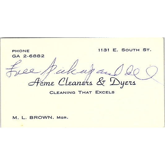 Acme Cleaners & Dyers M.L. Brown South ST Vintage Business Card SF3-B7