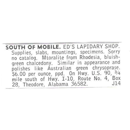 Ed's Lapidary Shop Theodore Alabama 1972 Ad AF8-S14