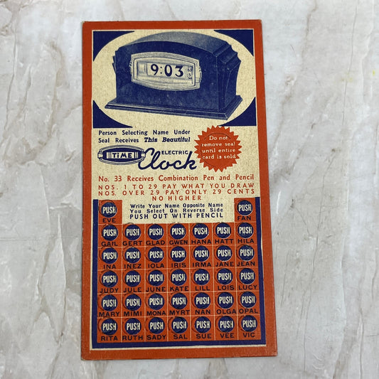 c1930 Art Deco Lottery Advertising Punch Card Win Electric Clock AE4