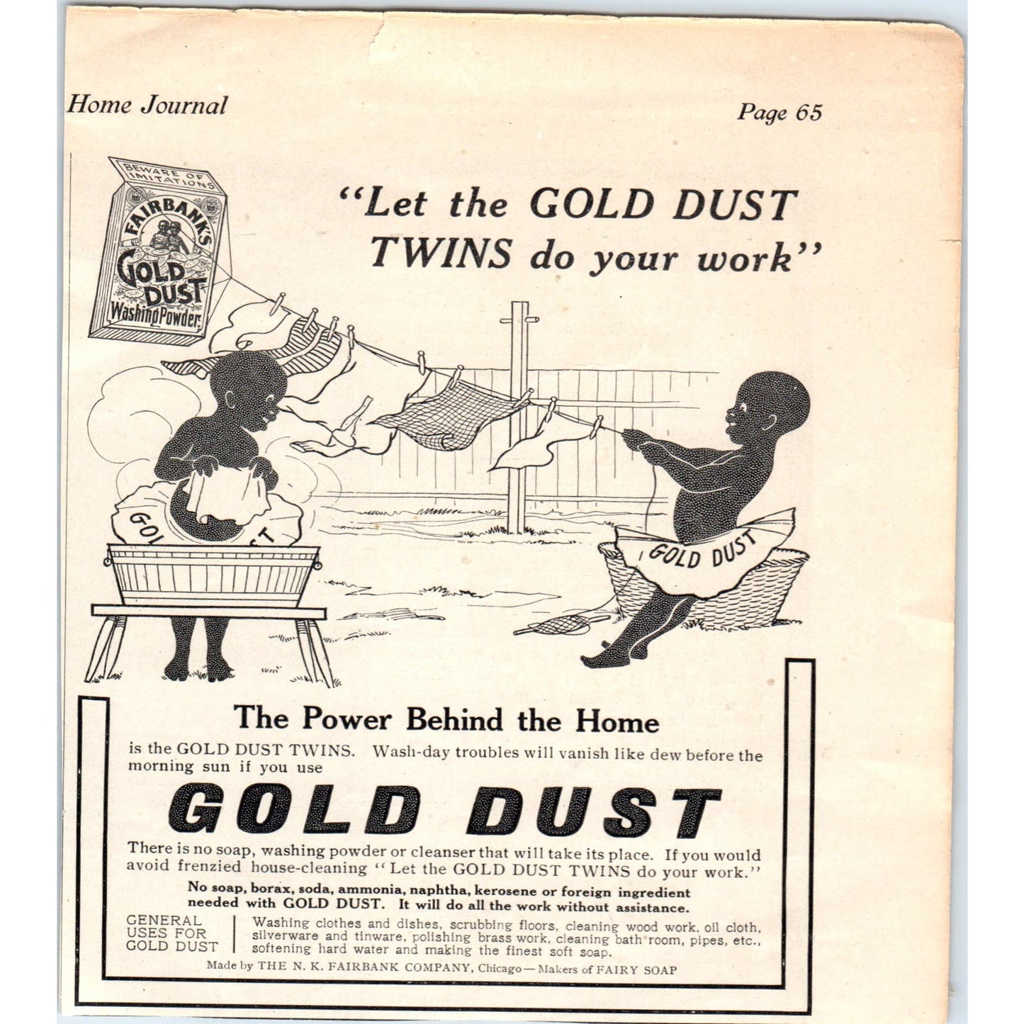 c1920 Gold Dust Washing Powder Gold Dust Twins Ladies Home Journal Ad Clip AD7