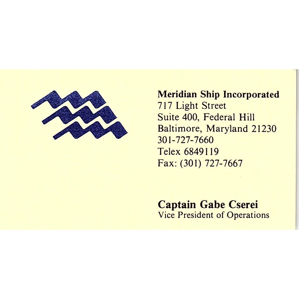 Capt Gabe Cserei Meridian Ship Inc Baltimore MD Vintage Business Card SD9-B13
