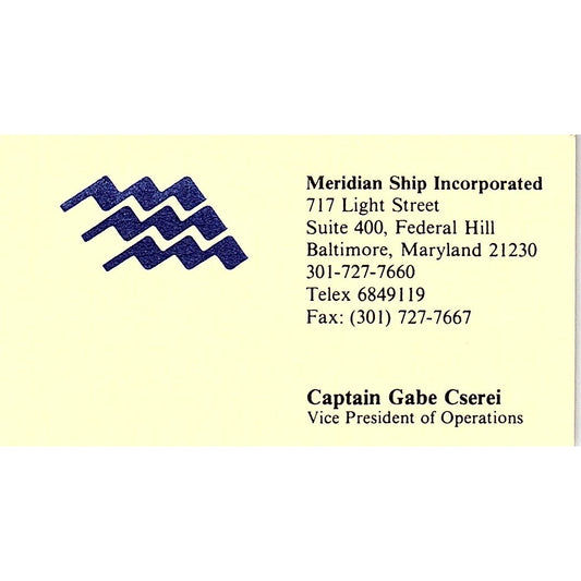 Capt Gabe Cserei Meridian Ship Inc Baltimore MD Vintage Business Card SD9-B13