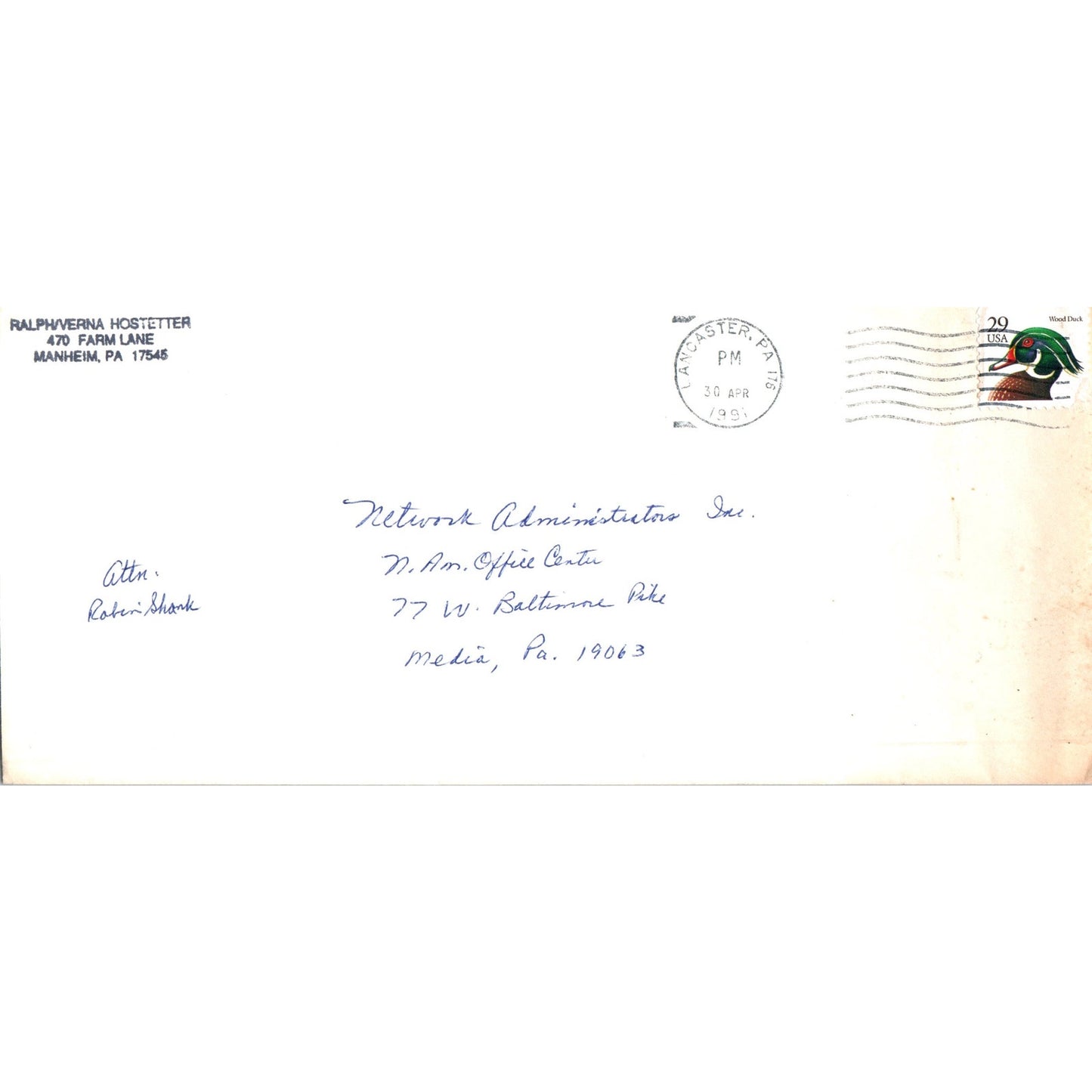 1991 Ralph/Verna Hostetter Manheim PA Postal Cover Envelope TH9-L2