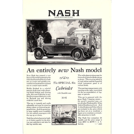 Nash Special Six Cabriolet Automobile 6x10" 1920s Original Ad D24