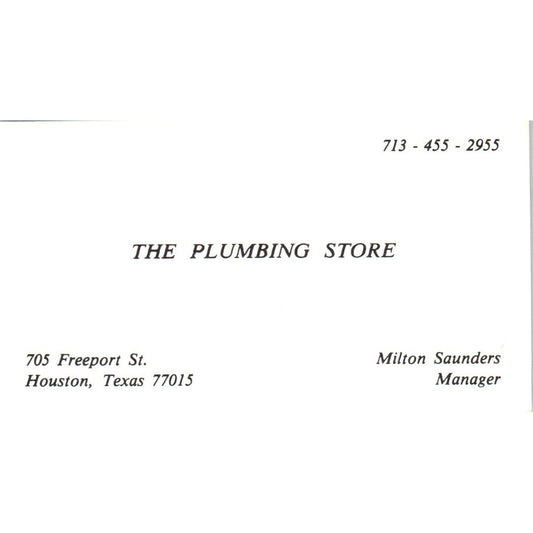 Milton Saunders The Plumbing Store Houston TX Vintage Business Card SD4-B1