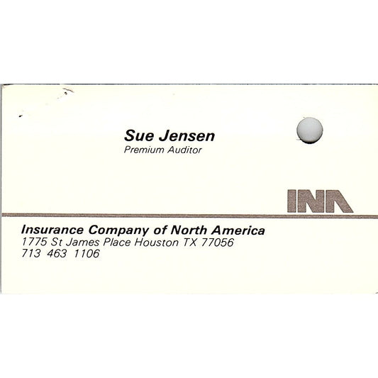 Sue Jensen Ins Co of North America Houston Vintage Business Card SD9-B6