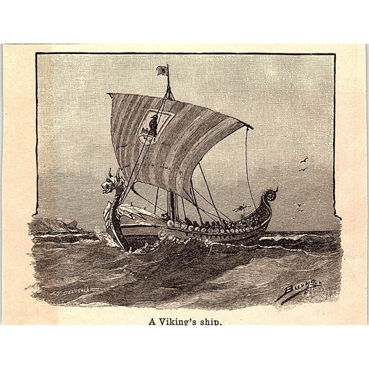 A Viking's Ship 3x4" 1901 Engraving AF6-M13