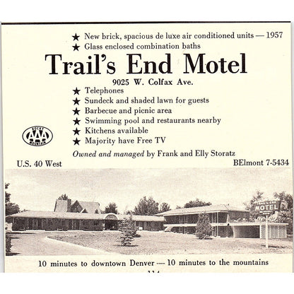 6 Bar W Motel, Trail's End Motel Frank & Elly Storatz Denver CO 1958 Ad AG1-H1