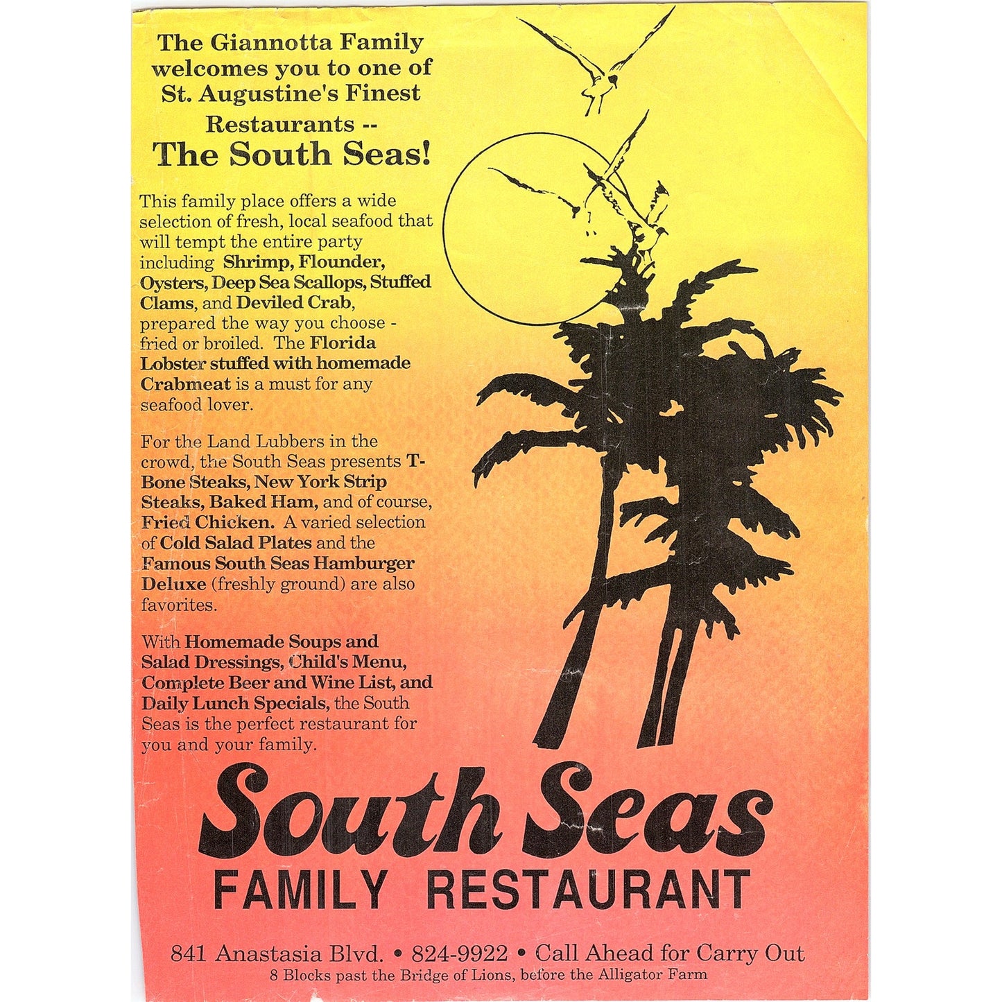 South Seas Family Restaurant Anastasia Blvd St. Augustine 1989 Ad AF9-12
