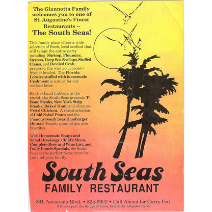 South Seas Family Restaurant Anastasia Blvd St. Augustine 1989 Ad AF9-12