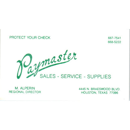 M. Alperin Paymaster Sales Service Supplies Houston Vintage Business Card SE3-B3
