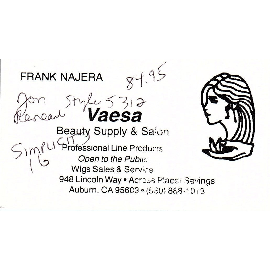 Vaesa Beauty Supply Salon Frank Najera Auburn CA Vintage Business Card SC9-B9
