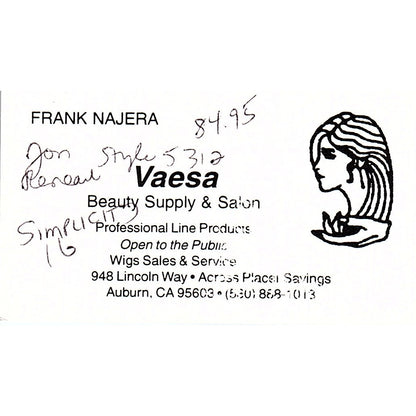 Vaesa Beauty Supply Salon Frank Najera Auburn CA Vintage Business Card SC9-B9
