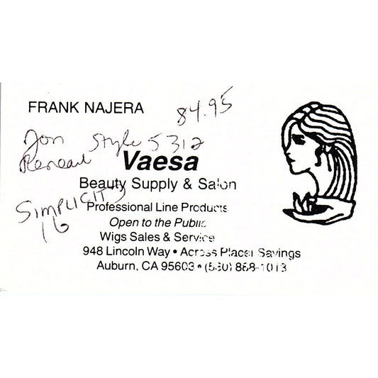 Vaesa Beauty Supply Salon Frank Najera Auburn CA Vintage Business Card SC9-B9