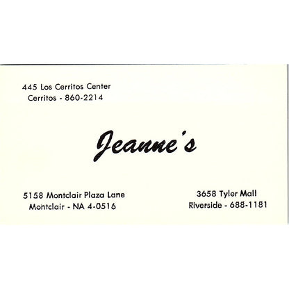 Jeanne's Clothing Riverside Montclair Cerritos Vintage Business Card SE5-B4