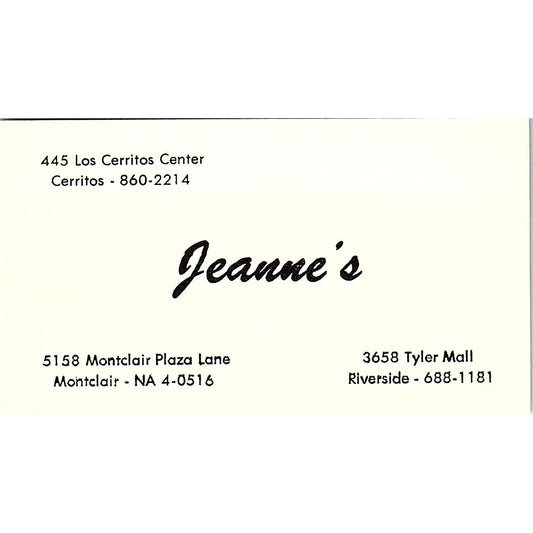 Jeanne's Clothing Riverside Montclair Cerritos Vintage Business Card SE5-B4