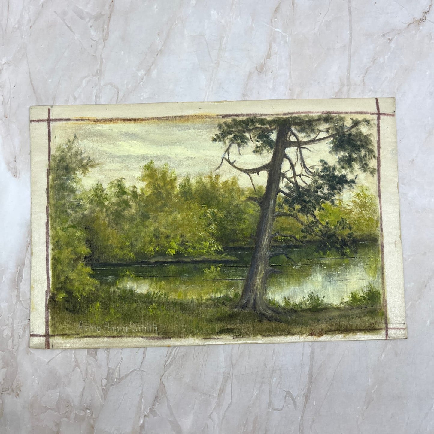 Antique Original Oil Painting on Silk Lake Scene 7x10.5" Anna Perry Smith AE4