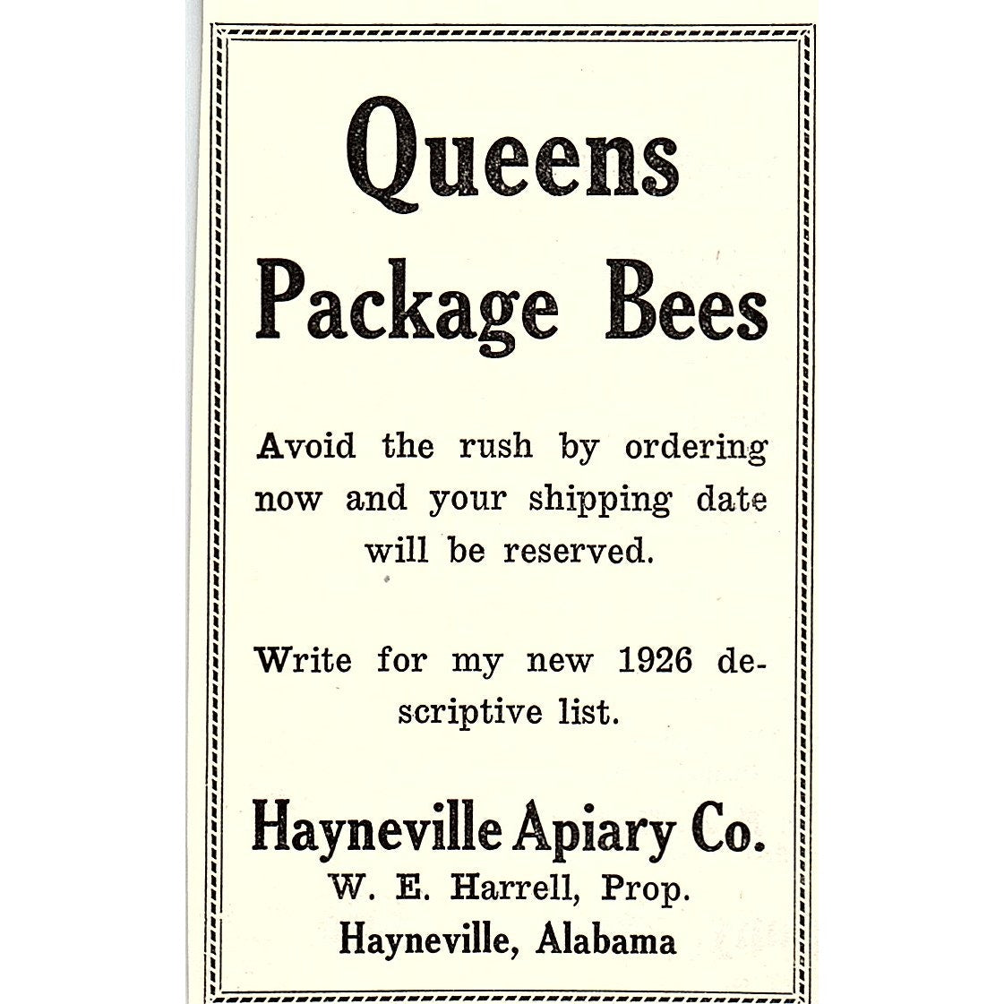 Hayneville Apiary Co Queens W.E. Harrell Hayneville AL 1926 Ad AG3-M8