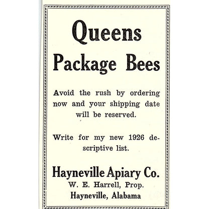 Hayneville Apiary Co Queens W.E. Harrell Hayneville AL 1926 Ad AG3-M8