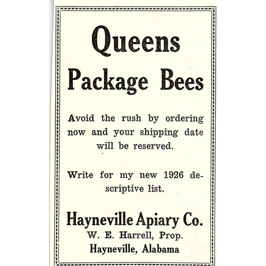 Hayneville Apiary Co Queens W.E. Harrell Hayneville AL 1926 Ad AG3-M8